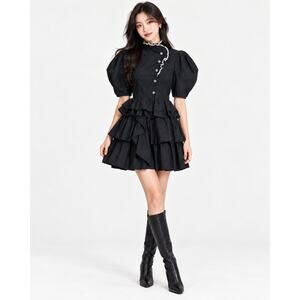 ULLA JOHNSON Dress 0 Short Mini 2-Way Collar Linnea Black Embroidery Puff Sleeve